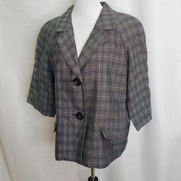 Talbots Black Plaid Quarter Sleeve Button Front Blazer Jacket Size 14 - Picture 5 of 13